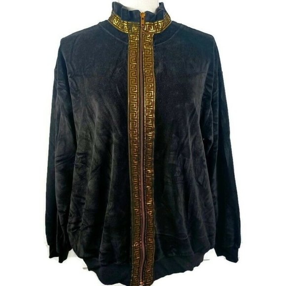 Vintage SK Sport Velour Jacket Medium Black -70s -Gold Greek Accent -Zip Up - Picture 1 of 14